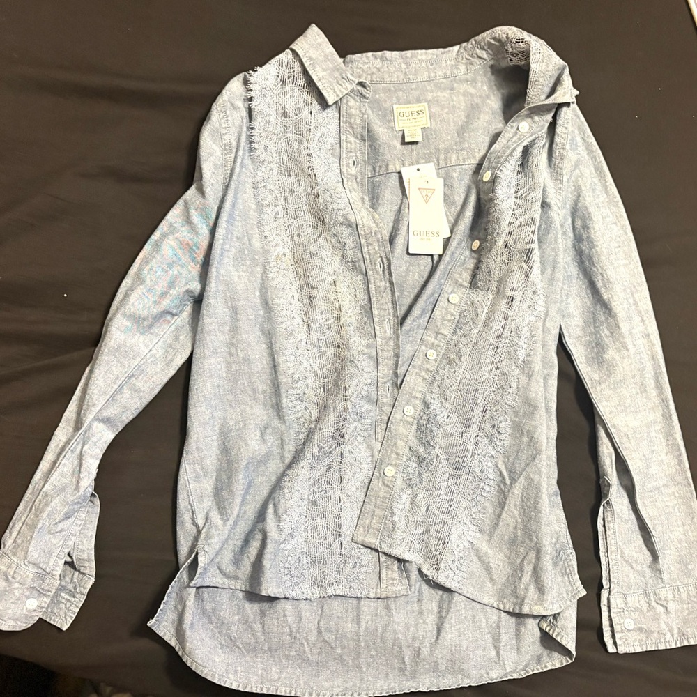 Guess lace detailed denim button up